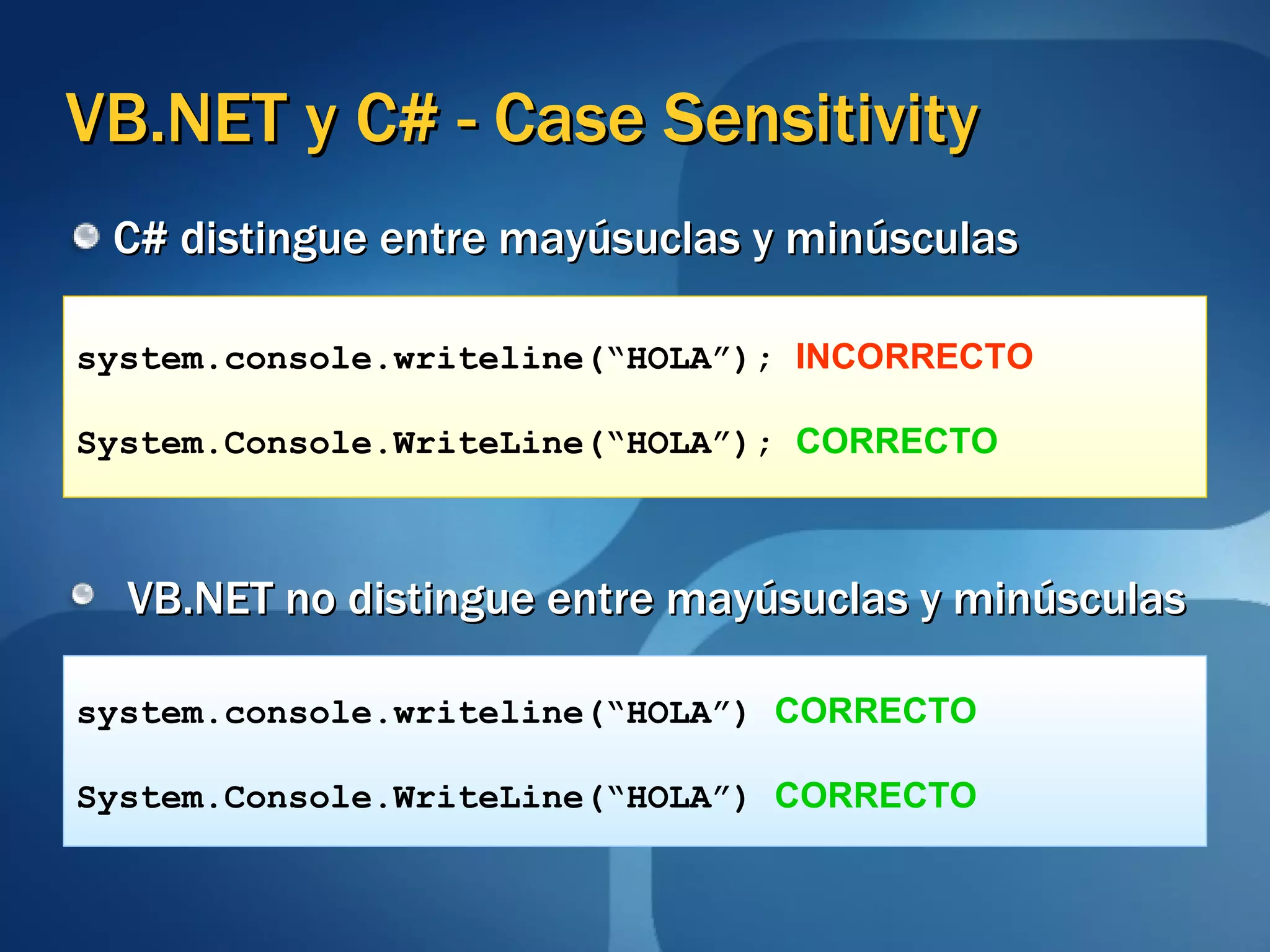 VB.NET y C# - Case Sensitivity C# distingue entre mayúsuclas y minúsculas VB.NET no distingue entre mayúsuclas y minúsculas system.console.writeline(“HOLA”);  INCORRECTO System.Console.WriteLine(“HOLA”);  CORRECTO system.console.writeline(“HOLA”)  CORRECTO System.Console.WriteLine(“HOLA”)  CORRECTO 