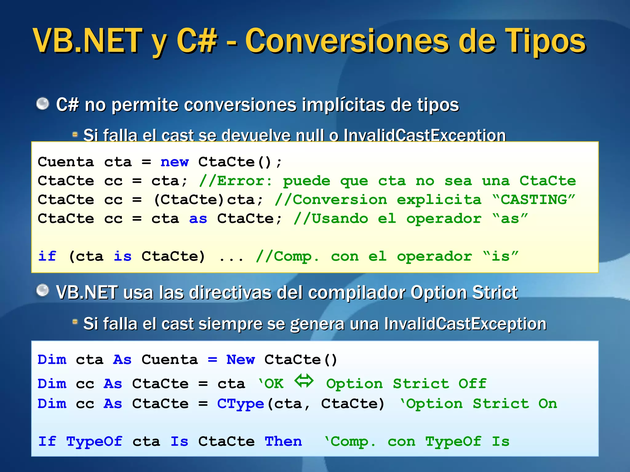 VB.NET y C# - Conversiones de Tipos C# no permite conversiones implícitas de tipos Si falla el cast se devuelve null o InvalidCastException VB.NET usa las directivas del compilador Option Strict Si falla el cast siempre se genera una InvalidCastException Cuenta cta =  new  CtaCte(); CtaCte cc = cta;  //Error: puede que cta no sea una CtaCte CtaCte cc = (CtaCte)cta;  //Conversion explicita “CASTING” CtaCte cc = cta  as  CtaCte;  //Usando el operador “as” if  (cta  is  CtaCte) ...  //Comp. con el operador “is” Dim  cta  As  Cuenta  = New  CtaCte() Dim  cc  As  CtaCte   =   cta   ‘OK    Option Strict Off Dim  cc  As  CtaCte =  CType (cta, CtaCte)  ‘Option Strict On If TypeOf  cta  Is  CtaCte  Then  ‘Comp. con TypeOf Is 