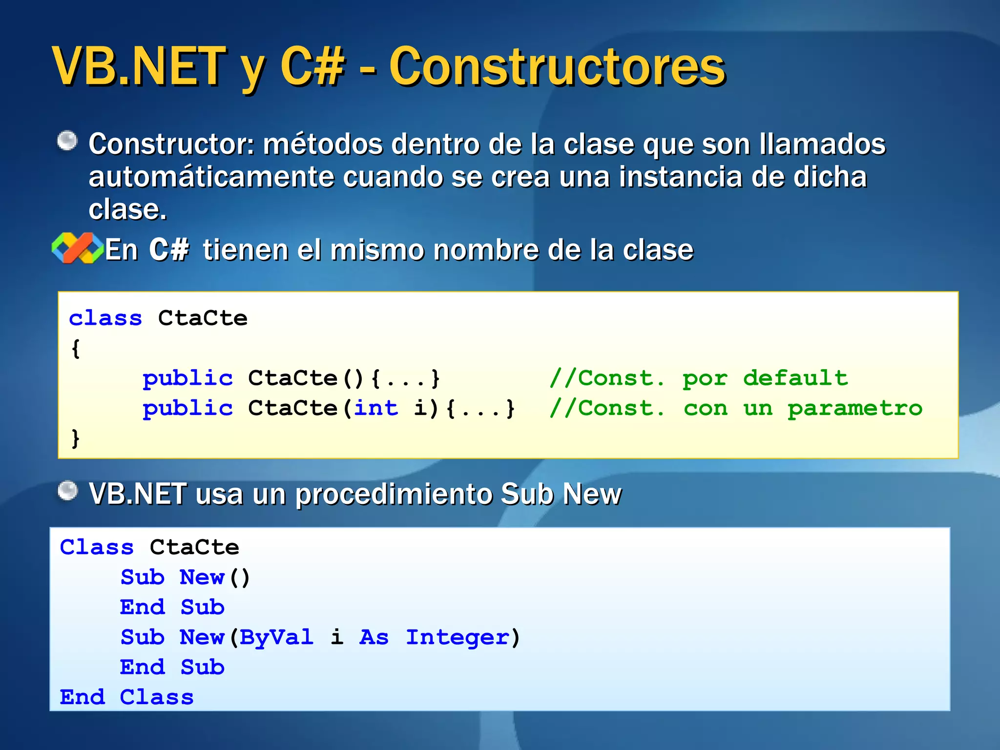 VB.NET y C# - Constructores En  C#  tienen el mismo nombre de la clase VB.NET usa un procedimiento Sub New class  CtaCte { public  CtaCte(){...}  //Const. por default public  CtaCte( int  i){...}  //Const. con un parametro } Class  CtaCte Sub New () End Sub Sub New ( ByVal  i  As Integer ) End Sub  End Class Constructor: métodos dentro de la clase que son llamados automáticamente cuando se crea una instancia de dicha clase. 