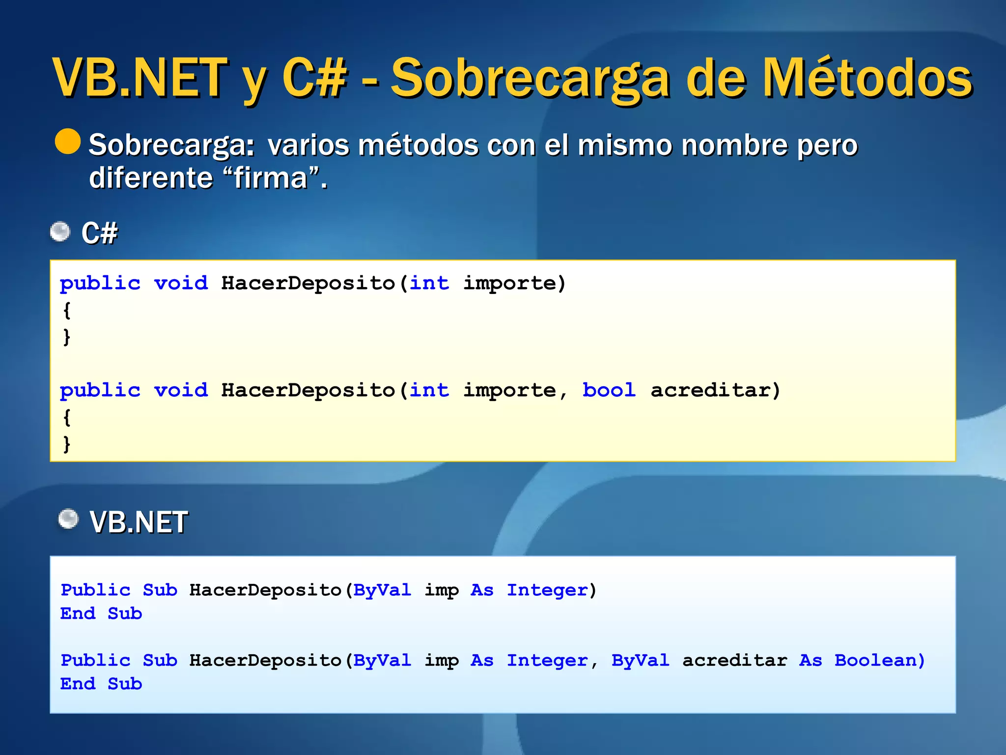 VB.NET y C# - Sobrecarga de Métodos C# VB.NET public void  HacerDeposito( int  importe)  { } public void  HacerDeposito( int  importe,  bool  acreditar) { } Public Sub  HacerDeposito( ByVal  imp  As Integer ) End Sub Public Sub  HacerDeposito( ByVal  imp  As Integer ,  ByVal  acreditar  As Boolean) End Sub Sobrecarga :  varios métodos con el mismo nombre pero diferente “firma”. 