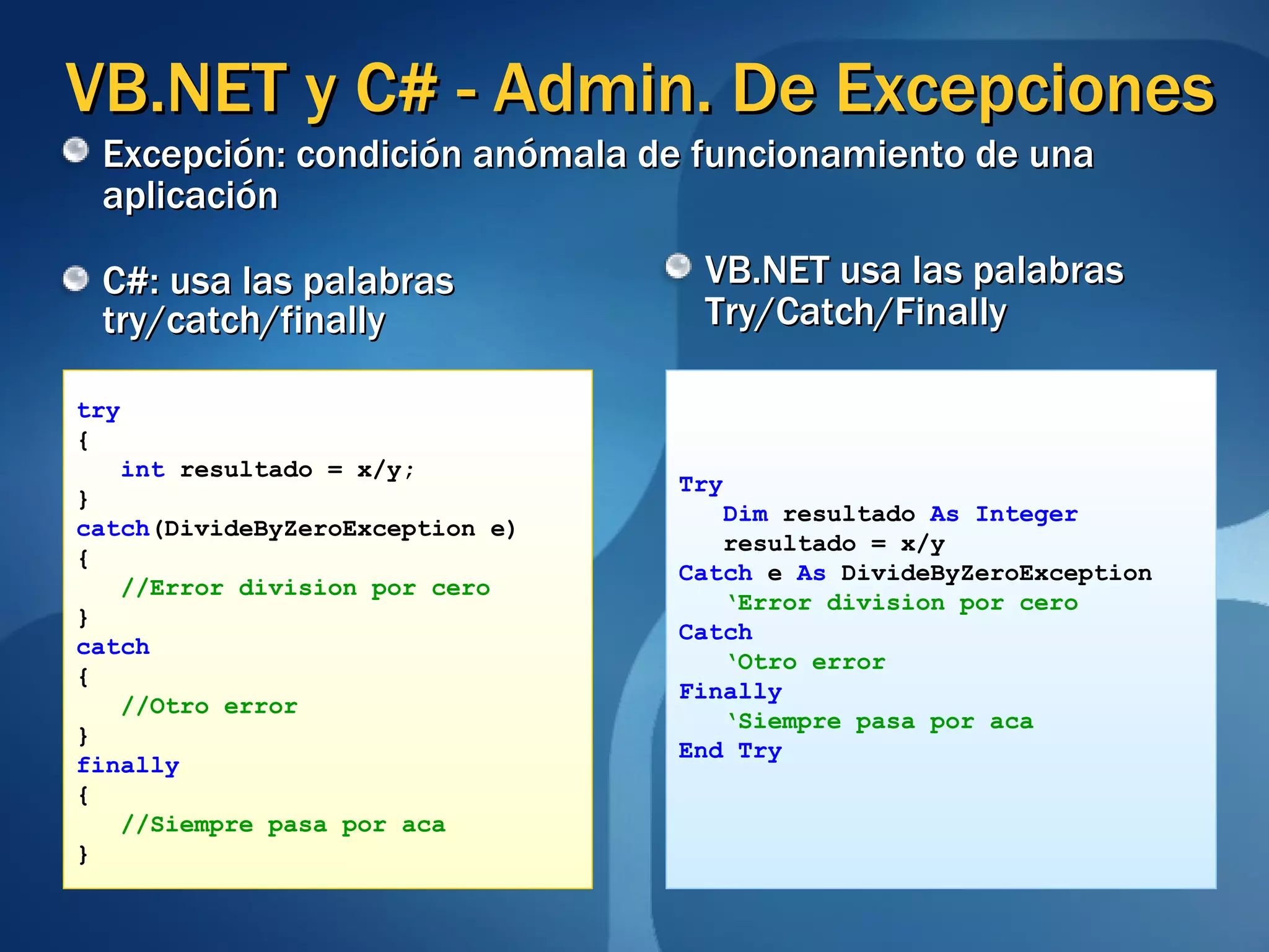 VB.NET y C# - Admin. De Excepciones  C#: usa las palabras try/catch/finally VB.NET usa las palabras Try/Catch/Finally try { int  resultado = x/y; } catch (DivideByZeroException e) {  //Error division por cero } catch { //Otro error } finally { //Siempre pasa por aca } Try Dim  resultado  As Integer resultado = x/y Catch  e  As  DivideByZeroException ‘ Error division por cero Catch ‘ Otro error Finally ‘ Siempre pasa por aca End Try Excepción: condición anómala de funcionamiento de una aplicación 