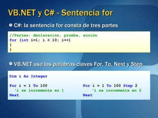 VB.NET y C# - Sentencia for C#: la sentencia for consta de tres partes VB.NET usa las palabras claves For, To, Next y Step //Partes: declaración, prueba, acción for  ( int  i=1; i < 10; i++) { } Dim  i  As Integer For  i = 1  To  100  For  i = 1  To  100  Step  2 ‘ i se incrementa en 1   ‘i se incrementa en 2 Next   Next 