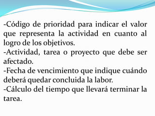 -Código de prioridad para indicar el valor
que representa la actividad en cuanto al
logro de los objetivos.
-Actividad, tarea o proyecto que debe ser
afectado.
-Fecha de vencimiento que indique cuándo
deberá quedar concluida la labor.
-Cálculo del tiempo que llevará terminar la
tarea.
 