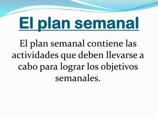 El plan semanal
  El plan semanal contiene las
actividades que deben llevarse a
 cabo para lograr los objetivos
           semanales.
 
