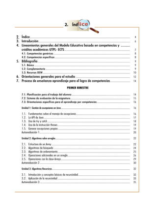 2.	 Índice........................................................................................................................................................	4
3.	Introducción...........................................................................................................................................	6
4.	 Lineamientos generales del Modelo Educativo basado en competencias y ...........	
créditos académicos UTPL- ECTS....................................................................................................	7
4.1.	Competencias genéricas....................................................................................................................	8
4.2.	Competencias específicas..................................................................................................................	8
5.	Bibliografía............................................................................................................................................	9
5.1.	Básica.................................................................................................................................................	9
5.2.	Complementaria................................................................................................................................	9
5.3.	Recursos OCW....................................................................................................................................	10
6.	 Orientaciones generales para el estudio...................................................................................	12
7.	 Proceso de enseñanza-aprendizaje para el logro de competencias...............................	14
PRIMER BIMESTRE
7.1.	Planificación para el trabajo del alumno.........................................................................................	14
7.2.	Sistema de evaluación de la asignatura..........................................................................................	15
7.3.	Orientaciones específicas para el aprendizaje por competencias...................................................	16
Unidad 1: Gestión de excepciones en Java....................................................................................................................	16
1.1.	 Fundamentos sobre el manejo de excepciones..................................................................................	16
1.2.	 La API de Java...................................................................................................................................	17
1.3.	 Uso de try y catch.............................................................................................................................	18
1.4.	 Uso de la instrucción throws..............................................................................................................	19
1.5.	 Generar excepciones propias.............................................................................................................	19
Autoevaluación 1.........................................................................................................................................	20
Unidad 2: Algoritmos sobre arreglos.............................................................................................................................	22
2.1.	 Estructura de un Array.......................................................................................................................	22
2.2.	 Algoritmos de búsqueda....................................................................................................................	24
2.3.	 Algoritmos de ordenamiento..............................................................................................................	25
2.4.	 Operaciones adicionales en un arreglo...............................................................................................	26
2.5.	 Operaciones con la clase Arrays.........................................................................................................	29
Autoevaluación 2.........................................................................................................................................	30
Unidad 3: Algoritmos Recursivos...................................................................................................................................	32
3.1.	 Introducción y conceptos básicos de recursividad...............................................................................	32
3.2.	 Aplicación de la recursividad..............................................................................................................	33
Autoevaluación 3.........................................................................................................................................	35
2.	 Índice
 