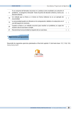 UNIVERSIDAD TÉCNICA PARTICULAR DE LOJA La Universidad Católica de Loja 35
Guía didáctica: Programación de AlgoritmosPrimer bimestre
17
Si un conjunto de llamadas recursivas no `produce como resultado una solución al
problema , el programa retrocede hasta el punto de decisión anterior y toma una
decisión distinta.
( )
18
Un método que se llama a sí mismo en forma indirecta no es un ejemplo de
recursividad.
( )
19
La recursividad puede ser eficiente en la computación, debido a la reducción en el
uso del espacio en memoria.
( )
20
Cuando se llama a un método recursivo para resolver un problema, es capaz de
resolver solo el caso base o simple.
( )
21 Para terminar la recursividad se requiere de un caso base. ( )
Ejercicios propuestos
Desarrolle los siguientes ejercicios planteados al final del capítulo 15 del texto base: 15.7, 15.8, 15.9,
15.12, 15.13, 15.17
Ir a solucionario
 