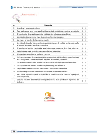 Guía didáctica: Programación de Algoritmos
UNIVERSIDAD TÉCNICA PARTICULAR DE LOJA La Universidad Católica de Loja48
Segundo bimestre
Autoevaluación 5
N. Pregunta
1 Una clase y objeto es lo mismo. ( )
2 Para realizar una tarea en una aplicación orientada a objetos se requiere un método. ( )
3 El constructor de una clase permite inicializar los valores de cada objeto. ( )
4 Los objetos de una misma clase deben tener los mismos datos. ( )
5 Las clases se pueden declarar como public. ( )
6
Un método describe los mecanismos que se encargan de realizar sus tareas y oculta
al usuario las tareas complejas que realiza.
( )
7 El nombre del archivo (.java) debe ser el mismo que el nombre de la clase principal. ( )
8 La instrucción javac se utiliza para compilar una aplicación. ( )
9 A los atributos también se los llama campos. ( )
10
Los campos prívate de una clase pueden manipularse solo mediante los métodos de
esa clase; para lo cual se utilizan los métodos“establecer”y“obtener”.
( )
11 Los atributos de una clase pueden ser atributos de instancia y atributos de clase. ( )
12 Los tipos de datos en Java pueden ser primitivos y por referencia. ( )
13 La palabra clave new se utiliza para llamar a un constructor de clase. ( )
14 Superclases y subclases son términos utilizados en Herencia en Java. ( )
15
Para llamar al constructor de la superclase se puede utilizar las palabras super y this
indistintamente.
( )
16
Declarar variables de instancia como public es una mala práctica de ingeniería del
software.
( )
Ir a solucionario
 