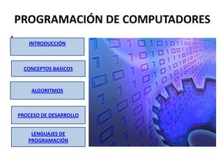 PROGRAMACIÓN DE COMPUTADORES
   INTRODUCCIÓN



  CONCEPTOS BASICOS


    ALGORITMOS



PROCESO DE DESARROLLO


    LENGUAJES DE
   PROGRAMACIÓN
 