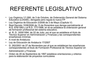 REFERENTE LEGISLATIVO Ley Orgánica 1/1.990, de 3 de Octubre, de Ordenación General del Sistema Educativo (LOGSE), derogada pero regula la nueva FP Ley Orgánica de Educación 2/2006 de 3 de Mayo (Capitulo V) Real Decreto 1538/2006 de 15 de Diciembre que deroga parcialmente al R.D. 676/1993 y al R.D. 777/1998, en él se establece la ordenación general de formación profesional del sistema educativo. el  R. D. 1659/1994, de 22 de Julio, por el que se establece el título de Técnico Superior en Administración y Finanzas y las correspondientes enseñanzas mínimas  A nivel de Andalucia: Ley de Educación de Andalucía 17/2007   D.  262/2001 de 27 de Noviembre por el que se establecen las enseñanzas correspondientes al título de Formación Profesional de Técnico Superior en Administración y Finanzas   Orden de 20 de Septiembre de 1997 establece orientaciones y criterios para la elaboración de proyectos curriculares  