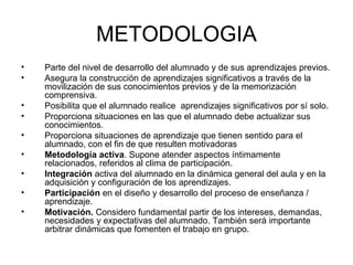 METODOLOGIA Parte del nivel de desarrollo del alumnado y de sus aprendizajes previos. Asegura la construcción de aprendizajes significativos a través de la movilización de sus conocimientos previos y de la memorización comprensiva. Posibilita que el alumnado realice  aprendizajes significativos por sí solo. Proporciona situaciones en las que el alumnado debe actualizar sus conocimientos. Proporciona situaciones de aprendizaje que tienen sentido para el alumnado, con el fin de que resulten motivadoras  Metodología activa . Supone atender aspectos íntimamente relacionados, referidos al clima de participación. Integración  activa del alumnado en la dinámica general del aula y en la adquisición y configuración de los aprendizajes. Participación  en el diseño y desarrollo del proceso de enseñanza / aprendizaje. Motivación.  Considero fundamental partir de los intereses, demandas, necesidades y expectativas del alumnado. También será importante arbitrar dinámicas que fomenten el trabajo en grupo. 