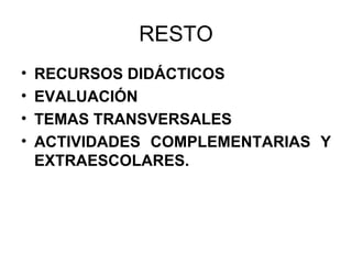 RESTO RECURSOS DIDÁCTICOS EVALUACIÓN TEMAS TRANSVERSALES ACTIVIDADES COMPLEMENTARIAS Y EXTRAESCOLARES. 