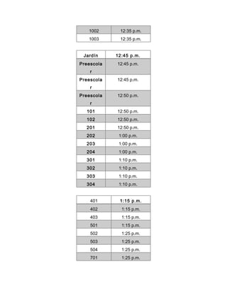 1002 12:35 p.m.
1003 12:35 p.m.
Jardín 12:45 p.m.
Preescola
r
12:45 p.m.
Preescola
r
12:45 p.m.
Preescola
r
12:50 p.m.
101 12:50 p.m.
102 12:50 p.m.
201 12:50 p.m.
202 1:00 p.m.
203 1:00 p.m.
204 1:00 p.m.
301 1:10 p.m.
302 1:10 p.m.
303 1:10 p.m.
304 1:10 p.m.
401 1:15 p.m.
402 1:15 p.m.
403 1:15 p.m.
501 1:15 p.m.
502 1:25 p.m.
503 1:25 p.m.
504 1:25 p.m.
701 1:25 p.m.
 