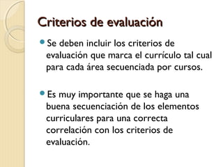 Criterios de evaluación
Se

deben incluir los criterios de
evaluación que marca el currículo tal cual
para cada área secuenciada por cursos.

Es

muy importante que se haga una
buena secuenciación de los elementos
curriculares para una correcta
correlación con los criterios de
evaluación.

 