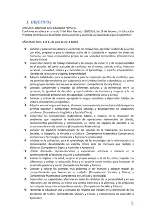 3
1. OBJETIVOS
Artículo 5. Objetivos de la Educación Primaria.
Conforme establece el artículo 7 del Real Decreto 126/2014, de 28 de febrero, la Educación
Primaria contribuirá a desarrollar en los alumnos y alumnas las capacidades que les permitan:
AÑO XXXIII Núm. 132 11 de julio de 2014 18501
 Conocer y apreciar los valores y las normas de convivencia, aprender a obrar de acuerdo
con ellas, prepararse para el ejercicio activo de la ciudadanía y respetar los derechos
humanos, así como el pluralismo propio de una sociedad democrática. (Competencia
Social y Cívica)
 Desarrollar hábitos de trabajo individual y de equipo, de esfuerzo y de responsabilidad
en el estudio, así como actitudes de confianza en sí mismo, sentido crítico, iniciativa
personal, curiosidad, interés y creatividad en el aprendizaje, y espíritu emprendedor.
(Sentido de la Iniciativa y Espíritu Emprendedor)
 Adquirir habilidades para la prevención y para la resolución pacífica de conflictos, que
les permitan desenvolverse con autonomía en el ámbito familiar y doméstico, así como
en los grupos sociales con los que se relacionan. (Competencia Social y Cívica)
 Conocer, comprender y respetar las diferentes culturas y las diferencias entre las
personas, la igualdad de derechos y oportunidades de hombres y mujeres y la no
discriminación de personas con discapacidad. (Competencia Social y Cívica)
 Conocer y utilizar de manera apropiada la lengua castellana y desarrollar hábitos de
lectura. (Competencia Lingüística)
 Adquirir en una lengua extranjera, al menos, la competencia comunicativa básica que les
permita expresar y comprender mensajes sencillos y desenvolverse en situaciones
cotidianas. (Competencia Lingüística y Social y Cívica)
 Desarrollar las competencias matemáticas básicas e iniciarse en la resolución de
problemas que requieran la realización de operaciones elementales de cálculo,
conocimientos geométricos y estimaciones, así como ser capaces de aplicarlo a las
situaciones de su vida cotidiana. (Competencia Matemática)
 Conocer los aspectos fundamentales de las Ciencias de la Naturaleza, las Ciencias
Sociales, la Geografía, la Historia y la Cultura. (Competencia Matemática Competencia
en Ciencias y Tecnología, Conciencia y Expresiones Culturales)
 Iniciarse en la utilización, para el aprendizaje, de las tecnologías de la información y la
comunicación, desarrollando un espíritu crítico ante los mensajes que reciben y
elaboran.(Competencia Digital y Aprender a Aprender)
 Utilizar diferentes representaciones y expresiones artísticas e iniciarse en la
construcción de propuestas visuales y audiovisuales.
 Valorar la higiene y la salud, aceptar el propio cuerpo y el de los otros, respetar las
diferencias y utilizar la educación física y el deporte como medios para favorecer el
desarrollo personal y social. (Competencia Sociales y Cívicas)
 Conocer y valorar los animales más próximos al ser humano y adoptar modos de
comportamiento que favorezcan su cuidado. (Competencia Sociales y Cívicas, y
Competencia Matemática Competencia en Ciencias y Tecnología)
 Desarrollar sus capacidades afectivas en todos los ámbitos de la personalidad y en sus
relaciones con los demás, así como una actitud contraria a la violencia, a los prejuicios
de cualquier tipo y a los estereotipos sexistas. (Competencia Sociales y Cívicas)
 Fomentar la educación vial y actitudes de respeto que incidan en la prevención de los
accidentes de tráfico. (Competencia Sociales y Cívicas, y Competencia de Aprender a
Aprender)
 