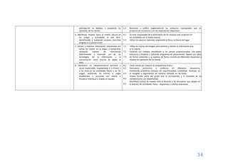 34
participando en debates, y aceptando las
opiniones de los demás.
5.3. Reconoce y califica negativamente las conductas inapropiadas que se
producen en la práctica o en los espectáculos deportivos.
6. Manifestar respeto hacia el medio natural en
los juegos y actividades al aire libre,
identificando y realizando acciones concretas
dirigidas a su preservación.
6.1.
6.2.
Se hace responsable de la eliminación de los residuos que se genera en
las actividades en el medio natural.
Utiliza los espacios naturales respetando la flora y la fauna del lugar.
7. Extraer y elaborar información relacionada con
temas de interés en la etapa, y compartirla,
utilizando fuentes de información
determinadas y haciendo uso de las
tecnologías de la información y la
comunicación como recurso de apoyo al
área.
7.1.
7.2.
7.3.
Utiliza las nuevas tecnologías para localizar y extraer la información que
se le solicita.
Presenta sus trabajos atendiendo a las pautas proporcionadas, con orden,
estructura y limpieza y utilizando programas de presentación. Expone sus ideas
de forma coherente y se expresa de forma correcta en diferentes situaciones y
respeta las opiniones de los demás.
8. Demostrar un comportamiento personal y
social responsable, respetándose a sí mismo y
a los otros en las actividades físicas y en los
juegos, aceptando las normas y reglas
establecidas y actuando con interés e
iniciativa individual y trabajo en equipo.
8.1.
8.2.
8.3.
8.4.
8.5.
Tiene interés por mejorar la competencia motriz.
Demuestra autonomía y confianza en diferentes situaciones,
resolviendo problemas motores con espontaneidad, creatividad. Participa en
la recogida y organización de material utilizado en las clases.
Acepta formar parte del grupo que le corresponda y el resultado de las
competiciones con deportividad.
Manifiesta actitud de respeto ante el docente y las decisiones que adopte en
la práctica de actividades físico – deportivas y artístico expresivas.
 