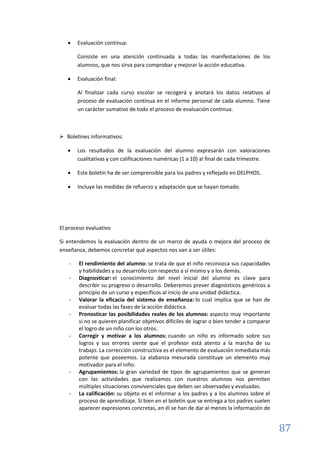 87
 Evaluación continua:
Consiste en una atención continuada a todas las manifestaciones de los
alumnos, que nos sirva para comprobar y mejorar la acción educativa.
 Evaluación final:
Al finalizar cada curso escolar se recogerá y anotará los datos relativos al
proceso de evaluación continua en el informe personal de cada alumno. Tiene
un carácter sumativo de todo el proceso de evaluación continua.
 Boletines informativos:
 Los resultados de la evaluación del alumno expresarán con valoraciones
cualitativas y con calificaciones numéricas (1 a 10) al final de cada trimestre.
 Este boletín ha de ser comprensible para los padres y reflejado en DELPHOS.
 Incluye las medidas de refuerzo y adaptación que se hayan tomado.
El proceso evaluativo
Si entendemos la evaluación dentro de un marco de ayuda o mejora del proceso de
enseñanza, debemos concretar qué aspectos nos van a ser útiles:
- El rendimiento del alumno: se trata de que el niño reconozca sus capacidades
y habilidades y su desarrollo con respecto a sí mismo y a los demás.
- Diagnosticar: el conocimiento del nivel inicial del alumno es clave para
describir su progreso o desarrollo. Deberemos prever diagnósticos genéricos a
principio de un curso y específicos al inicio de una unidad didáctica.
- Valorar la eficacia del sistema de enseñanza: lo cual implica que se han de
evaluar todas las fases de la acción didáctica.
- Pronosticar las posibilidades reales de los alumnos: aspecto muy importante
si no se quieren planificar objetivos difíciles de lograr o bien tender a comparar
el logro de un niño con los otros.
- Corregir y motivar a los alumnos: cuando un niño es informado sobre sus
logros y sus errores siente que el profesor está atento a la marcha de su
trabajo. La corrección constructiva es el elemento de evaluación inmediata más
potente que poseemos. La alabanza mesurada constituye un elemento muy
motivador para el niño.
- Agrupamientos: la gran variedad de tipos de agrupamientos que se generan
con las actividades que realizamos con nuestros alumnos nos permiten
múltiples situaciones convivenciales que deben ser observadas y evaluadas.
- La calificación: su objeto es el informar a los padres y a los alumnos sobre el
proceso de aprendizaje. Si bien en el boletín que se entrega a los padres suelen
aparecer expresiones concretas, en él se han de dar al menos la información de
 