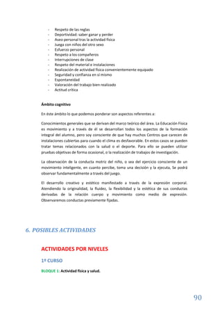 90
- Respeto de las reglas
- Deportividad: saber ganar y perder
- Aseo personal tras la actividad física
- Juega con niños del otro sexo
- Esfuerzo personal
- Respeto a los compañeros
- Interrupciones de clase
- Respeto del material e instalaciones
- Realización de actividad física convenientemente equipado
- Seguridad y confianza en sí mismo
- Espontaneidad
- Valoración del trabajo bien realizado
- Actitud crítica
Ámbito cognitivo
En éste ámbito lo que podemos ponderar son aspectos referentes a:
Conocimientos generales que se derivan del marco teórico del área. La Educación Física
es movimiento y a través de él se desarrollan todos los aspectos de la formación
integral del alumno, pero soy consciente de que hay muchos Centros que carecen de
instalaciones cubiertas para cuando el clima es desfavorable. En estos casos se pueden
tratar temas relacionados con la salud o el deporte. Para ello se pueden utilizar
pruebas objetivas de forma ocasional, o la realización de trabajos de investigación.
La observación de la conducta motriz del niño, o sea del ejercicio consciente de un
movimiento inteligente, en cuanto percibe, toma una decisión y la ejecuta, Se podrá
observar fundamentalmente a través del juego.
El desarrollo creativo y estético manifestado a través de la expresión corporal.
Atendiendo la originalidad, la fluidez, la flexibilidad y la estética de sus conductas
derivadas de la relación cuerpo y movimiento como medio de expresión.
Observaremos conductas previamente fijadas.
6. POSIBLES ACTIVIDADES
ACTIVIDADES POR NIVELES
1º CURSO
BLOQUE 1: Actividad física y salud.
 