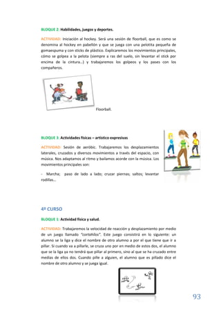 93
BLOQUE 2: Habilidades, juegos y deportes.
ACTIVIDAD: Iniciación al hockey. Será una sesión de floorball, que es como se
denomina al hockey en pabellón y que se juega con una pelotita pequeña de
gomaespuma y con sticks de plástico. Explicaremos los movimientos principales,
cómo se golpea a la pelota (siempre a ras del suelo, sin levantar el stick por
encima de la cintura…) y trabajaremos los golpeos y los pases con los
compañeros.
Floorball.
BLOQUE 3: Actividades físicas – artístico expresivas
ACTIVIDAD: Sesión de aeróbic. Trabajaremos los desplazamientos
laterales, cruzados y diversos movimientos a través del espacio, con
música. Nos adaptamos al ritmo y bailamos acorde con la música. Los
movimientos principales son:
- Marcha; paso de lado a lado; cruzar piernas; saltos; levantar
rodillas…
4º CURSO
BLOQUE 1: Actividad física y salud.
ACTIVIDAD: Trabajaremos la velocidad de reacción y desplazamiento por medio
de un juego llamado “cortahílos”. Este juego consistirá en lo siguiente: un
alumno se la liga y dice el nombre de otro alumno a por el que tiene que ir a
pillar. Si cuando va a pillarle, se cruza uno por en medio de estos dos, el alumno
que se la liga ya no tendrá que pillar al primero, sino al que se ha cruzado entre
medias de ellos dos. Cuando pille a alguien, el alumno que es pillado dice el
nombre de otro alumno y se juega igual.
 