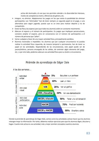83
activa del alumnado a la vez que nos permiten atender a la diversidad de intereses,
niveles de competencia motriz, diferencias de género, etc.
 Integrar, no eliminar. Adaptaremos los juegos en los que exista la posibilidad de eliminar
participantes. Los “eliminados” han de tener siempre un segundo papel en el juego, o una
alternativa para seguir jugando; puesto que es un área para realizar deporte y no de
competición.
 Evitar las filas y las esperas para que todos los alumnos estén en constante movimiento.
 Adecuar el espacio y el número de participantes. En juegos que impliquen persecuciones,
conviene ampliar el espacio, pero en consonancia con el número de participantes y el
número de personas que “pillan”.
 Variar y adaptar a favor de una mayor actividad física, principalmente aeróbica.
 Alumnos lesionados o impedidos: los alumnos que por cualquier circunstancia no puedas
realizar la actividad física requerida, de manera temporal o permanente, han de tener su
papel en las actividades. Dependiendo de las circunstancias, este papel puede ser de
jueces/árbitros, persona encargada de las salidas, de controlar algún elemento del juego,
etc.; o por otro lado, podemos adecuar una actividad física para su lesión o circunstancia.
Viendo la pirámide de aprendizaje de Edgar Dale, vemos como las actividades activas hacen que los alumnos
retengan mejor la información. Por tanto, debemos realizar ejercicios para que los alumnos digan, discutan y
hagan. Cuanto más activa es una actividad, más y mejor asimilan conceptos nuestros alumnos.
 