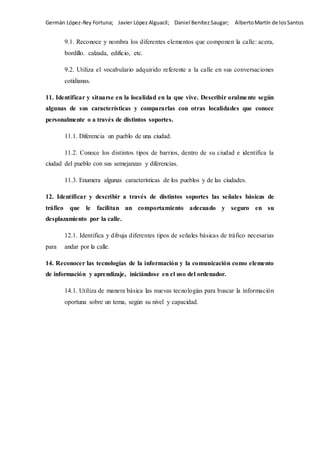 Germán López-Rey Fortuna; Javier López Alguacil; Daniel Benítez Saugar; AlbertoMartín de losSantos
9.1. Reconoce y nombra los diferentes elementos que componen la calle: acera,
bordillo. calzada, edificio, etc.
9.2. Utiliza el vocabulario adquirido referente a la calle en sus conversaciones
cotidianas.
11. Identificar y situarse en la localidad en la que vive. Describir oralmente según
algunas de sus características y compararlas con otras localidades que conoce
personalmente o a través de distintos soportes.
11.1. Diferencia un pueblo de una ciudad.
11.2. Conoce los distintos tipos de barrios, dentro de su ciudad e identifica la
ciudad del pueblo con sus semejanzas y diferencias.
11.3. Enumera algunas características de los pueblos y de las ciudades.
12. Identificar y describir a través de distintos soportes las señales básicas de
tráfico que le facilitan un comportamiento adecuado y seguro en su
desplazamiento por la calle.
12.1. Identifica y dibuja diferentes tipos de señales básicas de tráfico necesarias
para andar por la calle.
14. Reconocer las tecnologías de la información y la comunicación como elemento
de información y aprendizaje, iniciándose en el uso del ordenador.
14.1. Utiliza de manera básica las nuevas tecnologías para buscar la información
oportuna sobre un tema, según su nivel y capacidad.
 