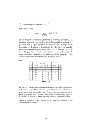 15
*
jP = propuesta óptima asociada a )( nn xf
Por lo tanto se tiene
)( 11 xf =
1Pfactibles
propuestas
máx { )( 11 PR } (4)
en esta ecuación se relacionan dos variables diferentes: por un lado 1x ,
que como ya se dijo corresponde a la cantidad asignada a la planta 1, y
por otro lado 1P que representa la propuesta que se elige de las
presentadas por la planta 1. Dependiendo del valor de 1x no todas las
propuestas son factibles, por ejemplo para 1x = 1 la propuesta 1P = 3 no
es factible pues tiene un costo de 2. La tabla 1.6 resume la relación de
todos los posibles valores de 1x con todos los posibles valores de 1P , los
asteriscos representan la no factibilidad de algunos casos.
n=1
)( 11 PR
1x
1P = 1 1P = 2 1P = 3 )( 11 xf *
1P
0 0 * * 0 1
1 0 5 * 5 2
2 0 5 6 6 3
3 0 5 6 6 3
4 0 5 6 6 3
5 0 5 6 6 3
Tabla 1.6
La tabla 1.5 informa cual es la política óptima que debe seguirse para
cada uno de los posibles valores de 1x . Puede parecer redundante en su
construcción pues para cada estado la propuesta más alta que puede
cubrirse es la que genera el mayor ingreso, sin embargo, como ocurre en
la realidad, no siempre la mayor inversión genera el más alto beneficio.
Ahora se define la parte faltante de la ecuación recursiva y que
corresponde a las etapas 2, 3, . . .
 