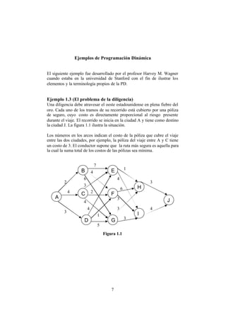 7
Ejemplos de Programación Dinámica
El siguiente ejemplo fue desarrollado por el profesor Harvey M. Wagner
cuando estaba en la universidad de Stanford con el fin de ilustrar los
elementos y la terminología propios de la PD.
Ejemplo 1.3 (El problema de la diligencia)
Una diligencia debe atravesar el oeste estadounidense en plena fiebre del
oro. Cada uno de los tramos de su recorrido está cubierto por una póliza
de seguro, cuyo costo es directamente proporcional al riesgo presente
durante el viaje. El recorrido se inicia en la ciudad A y tiene como destino
la ciudad J. La figura 1.1 ilustra la situación.
Los números en los arcos indican el costo de la póliza que cubre el viaje
entre las dos ciudades, por ejemplo, la póliza del viaje entre A y C tiene
un costo de 3. El conductor supone que la ruta más segura es aquella para
la cual la suma total de los costos de las pólizas sea mínima.
Figura 1.1
D
C
B
G
F
E
I
H
J
A
2
4
3
7
4
6
3
2
4
4
1
5
1
4
6
3
3
3
3
4
 