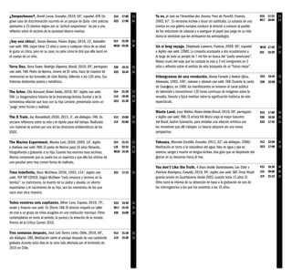 ¿Sospechosos?, David Lasso, Ecuador, 2010, 50’, español. AFR. Un             S14 17:00     S3   Tu es, je suis ou l’invention des Jivaros, Yves de Peretti, Francia,         D15 17:15     S3
grave caso de discriminación ocurrido en un parque de Quito -cien policías   D22 17:00     MJ   2002, 67’. En versiones kichwa y shuar sin subtítulos. La subasta de una     M17 18:00     S4
apresaron a 23 jóvenes negros por su ‘actitud sospechosa’- da pie a una                         tzantza en una galería europea conduce al director a conocer al pueblo
reflexión sobre el racismo de la sociedad blanco-mestiza.                                       de los reductores de cabezas y a averiguar el papel que juega en su vida
                                                                                                diaria la identidad que les atribuyeron los antropólogos.
¡Soy una chica!, Susan Koenen, Países Bajos, 2010, 15’, holandés             S14 15:30     S4
con subt. PAN. Joppe tiene 13 años y como a cualquier chica de su edad       MI18 19:30    AP   Un si long voyage, Stéphanie Lamorre, Francia, 2009, 90’, español            MI18 17:30    S3
le gusta un chico, pero en su caso, no sabe cómo le dirá que ella nació en                      e inglés con subt. CÓMO. La cineasta acompaña a dos ecuatorianos a           S21 19:30     S1
el cuerpo de un niño.                                                                           lo largo de todo su periplo de 7 mil Km en busca del “sueño americano”.
                                                                                                Relato crudo del viaje que ha costado la vida a 3 mil inmigrantes en 5
Terra Deu, Terra Come, Rodrigo Siqueira, Brasil, 2010, 89’, portugués        V20 19:15     S1   años y reflexión sobre el sentido de esta búsqueda de un “futuro mejor”.
con subt. FAN. Pedro de Alexina, minero de 81 años, hace de maestro de       D22 16:45     S2
ceremonias en los funerales de João Batista, fallecido a los 120 años. Sus                      Videogramas de una revolución, Harun Farocki y Andrei Ujica,                 D15 16:45     S2
historias desbordan poesía y metafísica.                                                        Alemania, 1992, 106’, rumano y alemán con subt. FAR. Durante la caida        V20   22:00   S1
                                                                                                de Ceauşescu, en 1989, los manifestantes se tomaron el canal público
The Arbor, Clio Barnard, Reino Unido, 2010, 90’, inglés con subt.            S14 21:30     S3   de televisión y transmitieron 120 horas continuas de imágenes sobre la
FAN. La desgarradora historia de la dramaturga Andrea Dunbar y de la         L16 18:30     S2   revuelta. Harocki y Ujica meditan sobre la significación histórica de este
tormentosa relación que tuvo con su hija Lorraine, presentada como un        D22 21:30     S2   espectáculo.
‘juego’ entre ficción y realidad.
                                                                                                Waste Land, Lucy Walter, Reino-Unido-Brasil, 2010, 98’, portugués            D15 17:00     AP
The D Train, Jay Rosenblatt, EEUU, 2011, 5’, sin diálogos. FAN. Un           V13   15:00   S1   e inglés con subt. PAN. El artista Vik Muniz viaja al mayor basurero         V20 16:30     S2
anciano reflexiona sobre su vida y el rápido paso del tiempo. Realizada      J19   22:00   S3   del Brasil, Jardim Gramacho, para entablar una relación artística con        D22 17:45     S1
con material de archivo por uno de los directores emblemáticos de los                           los minadores que allí trabajan. La basura adquiere así una nueva
EDOC.                                                                                           perspectiva.

The Marina Experiment, Marina Lutz, EEUU, 2009, 18’, inglés                  S14 21:15     S2   Yakuaya, Marcelo Castillo, Ecuador, 2011, 52’, sin diálogos. CÓMO.           V13 22:00     S1
e italiano con subt. PAN. El padre de Marina pasó 16 años filmando,          L16 22:15     S2   Meditación en torno a la naturaleza del agua. Yaku es agua y aya es          D22 17:00     S3
fotografiando y grabando a su hija. Cuando hoy examina esos archivos,        MI18 15:30    S3   esencia, sangre y muerte en lengua kichwa. Una gota que se desprende del
Marina comprende que su padre era un voyerista y que ella fue víctima de                        glaciar en su descenso hacia el mar.
una peculiar pero muy común forma de maltrato.
                                                                                                You don’t Like the Truth, 4 Days Inside Guantánamo, Luc Côté y               V13   16:30   AP
Time Indefinite, Ross McElwee, EEUU, 1993, 114’, inglés con                  S21   17:15   S1   Patricio Henríquez, Canadá, 2010, 99’, inglés con subt. BAT. Omar Khadr      L16   20:00   MJ
subt. TOP INT EDOC8. Según McElwee “todo empieza y termina en la                                guarda prisión en Guantánamo desde 2002, cuando tenía 15 años. El            J19   21:15   S2
familia”: su matrimonio, la muerte de su padre y abuela, un aborto                              filme narra la infamia de su detención en base a la grabación de uno de
espontáneo y el nacimiento de su hijo, son los momentos de los que                              los interrogatorios a los que fue sometido a los 16 años.
nace esta obra maestra.

Todos vosotros sois capitanes, Oliver Laxe, España, 2010, 79’,               D15 19:30     S1
árabe y francés con subt. En 35mm. FAN. El director imparte un taller        M17 21:45     S1
de cine a un grupo de niños acogidos en una institución marroquí. Filme      V20 15:00     S1
contemplativo en torno al sentido, la pureza y la emoción de la mirada.
Premio de la Crítica Cannes 2010.

Tres semanas después, José Luis Torres Leiva, Chile, 2010, 60’,              V13   21:30   S2
sin diálogos. OBS. Meditación sobre el paisaje después de una catástrofe     L16   15:30   S2
grabada durante ocho días en la zona más afectada por el terremoto de
2010 en Chile.
 