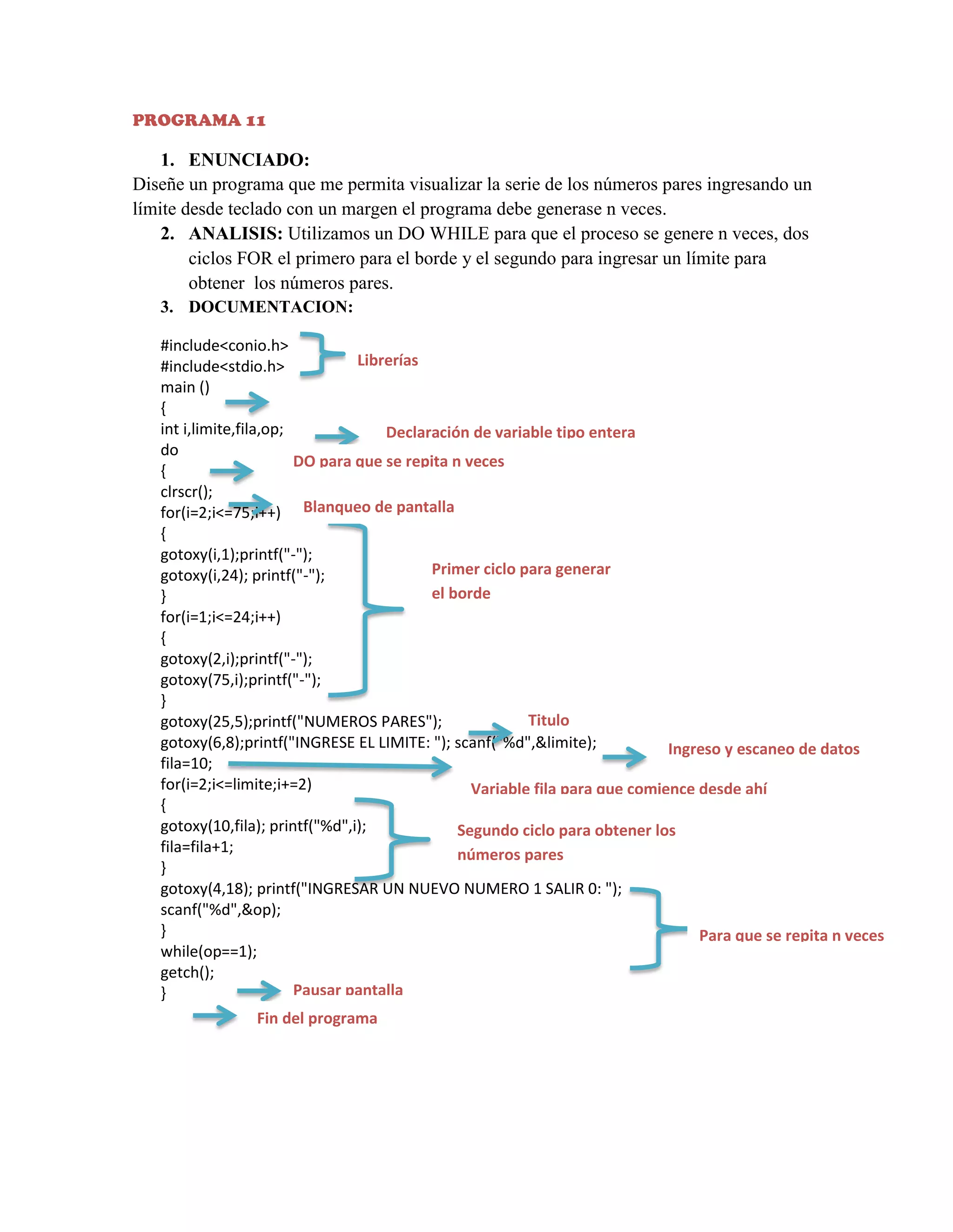 PROGRAMA 11

1. ENUNCIADO:
Diseñe un programa que me permita visualizar la serie de los números pares ingresando un
límite desde teclado con un margen el programa debe generase n veces.
2. ANALISIS: Utilizamos un DO WHILE para que el proceso se genere n veces, dos
ciclos FOR el primero para el borde y el segundo para ingresar un límite para
obtener los números pares.
3. DOCUMENTACION:
#include<conio.h>
Librerías
#include<stdio.h>
main ()
{
int i,limite,fila,op;
Declaración de variable tipo entera
do
DO para que se repita n veces
{
clrscr();
for(i=2;i<=75;i++) Blanqueo de pantalla
{
gotoxy(i,1);printf("-");
Primer ciclo para generar
gotoxy(i,24); printf("-");
el borde
}
for(i=1;i<=24;i++)
{
gotoxy(2,i);printf("-");
gotoxy(75,i);printf("-");
}
Titulo
gotoxy(25,5);printf("NUMEROS PARES");
gotoxy(6,8);printf("INGRESE EL LIMITE: "); scanf("%d",&limite);
Ingreso y escaneo de datos
fila=10;
for(i=2;i<=limite;i+=2)
Variable fila para que comience desde ahí
{
gotoxy(10,fila); printf("%d",i);
Segundo ciclo para obtener los
fila=fila+1;
números pares
}
gotoxy(4,18); printf("INGRESAR UN NUEVO NUMERO 1 SALIR 0: ");
scanf("%d",&op);
}
Para que se repita n veces
while(op==1);
getch();
Pausar pantalla
}
Fin del programa

 