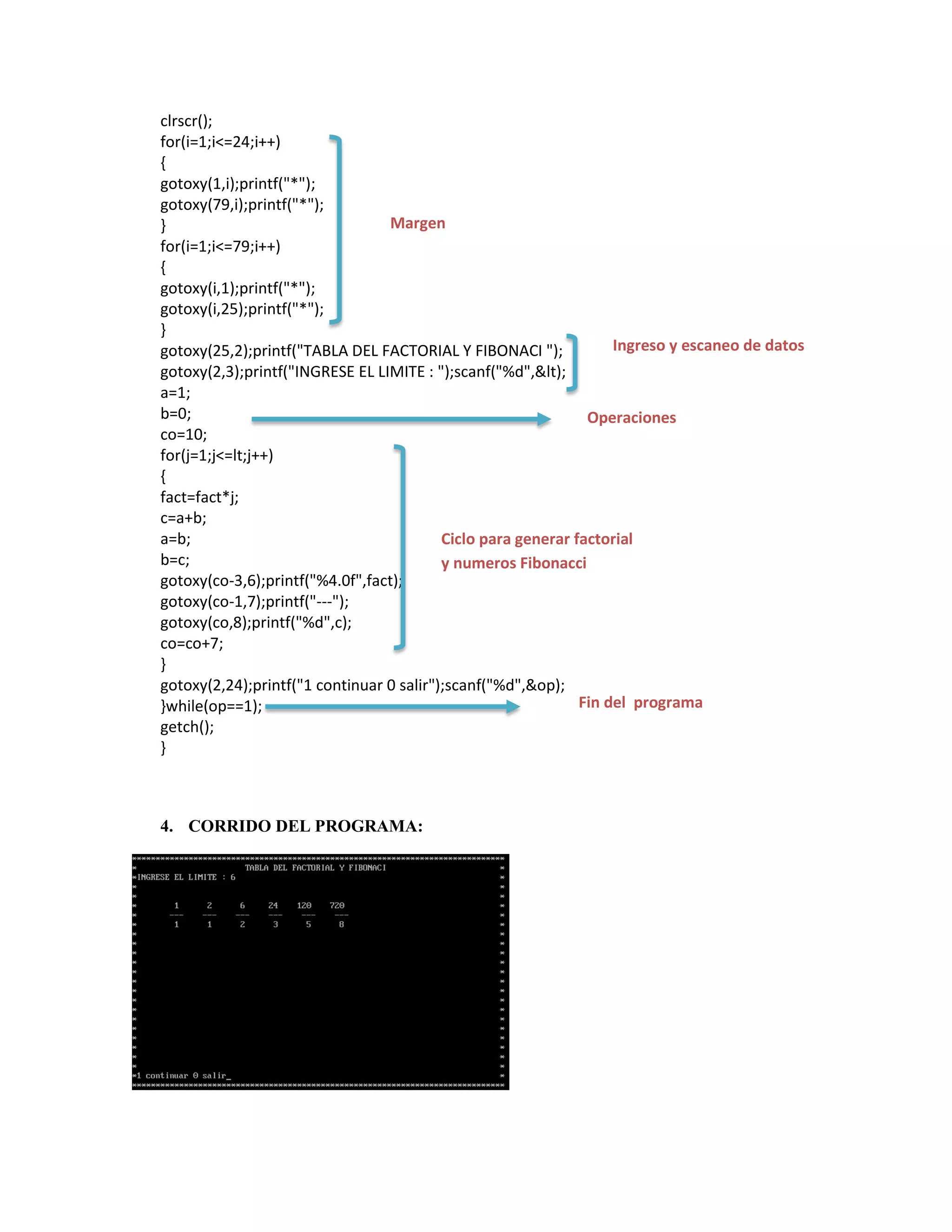 clrscr();
for(i=1;i<=24;i++)
{
gotoxy(1,i);printf("*");
gotoxy(79,i);printf("*");
Margen
}
for(i=1;i<=79;i++)
{
gotoxy(i,1);printf("*");
gotoxy(i,25);printf("*");
}
Ingreso y escaneo de datos
gotoxy(25,2);printf("TABLA DEL FACTORIAL Y FIBONACI ");
gotoxy(2,3);printf("INGRESE EL LIMITE : ");scanf("%d",&lt);
a=1;
b=0;
Operaciones
co=10;
for(j=1;j<=lt;j++)
{
fact=fact*j;
c=a+b;
a=b;
Ciclo para generar factorial
b=c;
y numeros Fibonacci
gotoxy(co-3,6);printf("%4.0f",fact);
gotoxy(co-1,7);printf("---");
gotoxy(co,8);printf("%d",c);
co=co+7;
}
gotoxy(2,24);printf("1 continuar 0 salir");scanf("%d",&op);
Fin del programa
}while(op==1);
getch();
}

4. CORRIDO DEL PROGRAMA:

 