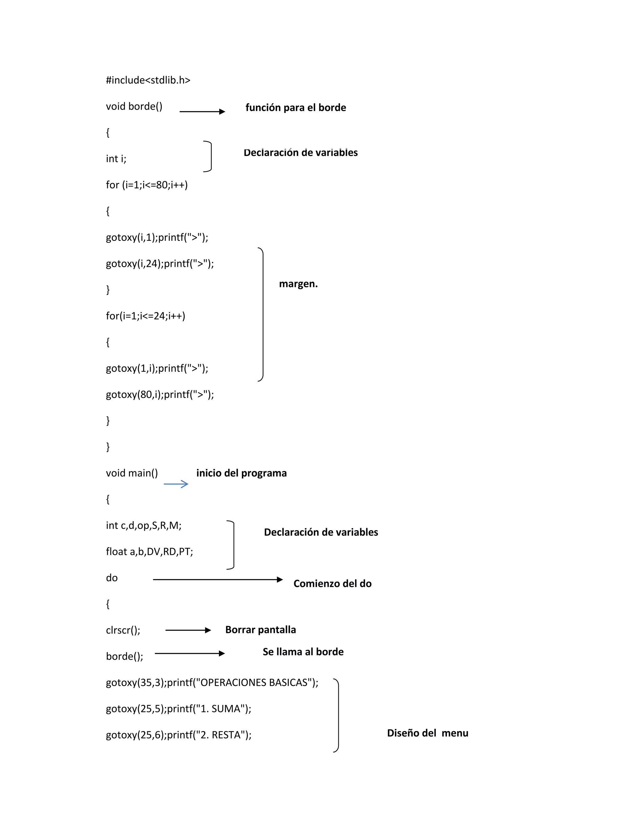 #include<stdlib.h>
void borde()

función para el borde

{
Declaración de variables

int i;
for (i=1;i<=80;i++)
{
gotoxy(i,1);printf(">");
gotoxy(i,24);printf(">");

margen.

}
for(i=1;i<=24;i++)
{
gotoxy(1,i);printf(">");
gotoxy(80,i);printf(">");
}
}
void main()

inicio del programa

{
int c,d,op,S,R,M;

Declaración de variables

float a,b,DV,RD,PT;
do

Comienzo del do

{
clrscr();

Borrar pantalla

borde();

Se llama al borde

gotoxy(35,3);printf("OPERACIONES BASICAS");
gotoxy(25,5);printf("1. SUMA");
gotoxy(25,6);printf("2. RESTA");

Diseño del menu

 