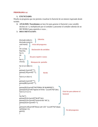 PROGRAMA 14

1. ENUNCIADO:
Diseñe un programa que me permita visualizar la factorial de un número ingresado desde
teclado.
2. ANALISIS: Necesitamos un lazo for para generar el factorial y una variable
declara en 1 y multiplicarle por el contador y presentar el contador además de un
DO WHILE para repetirla n veces. .
3. DOCUMENTACION:

Librerías
#include<stdio.h>
#include<conio.h>
void main()
Inicio del programa
{
int i,n,f,op;
Declaración de variables
float fac;
fac=1;
do
Do para repetir n veces
{
fac=1;
clrscr();
Blanqueo de pantalla
for (i=1;i<=80;i++)
{
gotoxy(i,1);printf("*");
gotoxy(i,24);printf("*");
Borde
}
for(i=1;i<=24;i++)
{
gotoxy(1,i);printf("*");
gotoxy(80,i);printf("*");
}
gotoxy(28,3);printf("FACTORIAL DE NUMEROS");
gotoxy(4,4);printf("Ingrese el limite: ");scanf("%d",&n);
for(i=1;i<=n;i++)
{
fac=fac*i;
gotoxy(35,6+i);printf("%6.0f",fac);
gotoxy(15,6+i);printf("Factorial de: %d",i);
gotoxy(33,6+i);printf("=");
}
gotoxy(15,20);printf("Desea salir 1/0: ");scanf("%d",&op);
}while(op==1);
getch();
}

Ciclo for para obtener el
factorial

Fin del programa

 