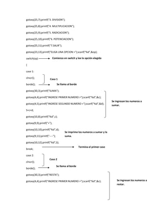 gotoxy(25,7);printf("3. DIVISION");
gotoxy(25,8);printf("4. MULTIPLICACION");
gotoxy(25,9);printf("5. RADICACION");
gotoxy(25,10);printf("6. POTENCIACION");
gotoxy(25,11);printf("7.SALIR");
gotoxy(23,13);printf("ELIGA UNA OPCION >");scanf("%d",&op);
Comienza en switch y lee la opción elegida

switch(op)
{
case 1:
clrscr();

Caso 1
Se llama al borde

borde();

gotoxy(30,3);printf("SUMA");
gotoxy(4,4);printf("INGRESE PRIMER NUMERO >");scanf("%d",&c);
gotoxy(4,5);printf("INGRESE SEGUNDO NUMERO >");scanf("%d",&d);

Se ingresan los numeros a
sumar.

S=c+d;
gotoxy(10,8);printf("%d",c);
gotoxy(9,9);printf("+");
gotoxy(10,10);printf("%d",d);
gotoxy(9,11);printf("----");

Se imprime los numeros a sumar y la
suma.

gotoxy(10,12);printf("%d",S);
Termina el primer caso

break;
case 2:
clrscr();
borde();

Caso 2
Se llama al borde

gotoxy(30,3);printf("RESTA");
gotoxy(4,4);printf("INGRESE PRIMER NUMERO >");scanf("%d",&c);

Se ingresan los numeros a
restar.

 