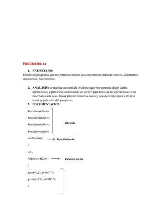 PROGRAMA 24

1. ENUNCIADO:
Diseñe un programa que me permita realizar las conversiones básicas: metros, kilómetros,
decámetros, hectómetros.
2. ANALISIS: se realiza un menú de opciones que nos permita elegir varias
operaciones y para esto necesitamos un switch para realizar las operaciones y un
case para cada caso, break para terminarlos casos y dos do whiles para volver al
menú y para salir del programa.
3. DOCUMENTACION:
#include<stdio.h>
#include<conio.h>
#include<stdlib.h>

Librerias

#include<math.h>
void borde()

Función borde

{
int i;
for(i=2;i<=80;i++)
{
gotoxy(i,2); printf("-");
gotoxy(i,23); printf("-");
}

Ciclo for borde

 