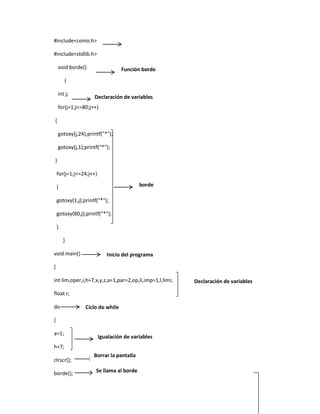 #include<conio.h>
#include<stdlib.h>
void borde()

Función borde

{
int j;

Declaración de variables

for(j=1;j<=80;j++)
{
gotoxy(j,24);printf("*");
gotoxy(j,1);printf("*");
}
for(j=1;j<=24;j++)
borde

{
gotoxy(1,j);printf("*");
gotoxy(80,j);printf("*");
}
}
void main()
{

Inicio del programa
principal

int lim,oper,i,h=7,x,y,z,a=1,par=2,op,li,imp=1,l,limi;
float r;
do

Ciclo do while

{
a=1;

Igualación de variables

h=7;
clrscr();
borde();

Borrar la pantalla
Se llama al borde

Declaración de variables

 