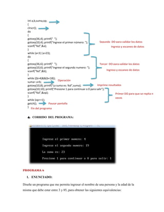 int a,b,suma,op;
{
clrscr();
do
{
gotoxy(36,4); printf(" ");
Segundo DO para validar los datos
gotoxy(10,4); printf("Ingrese el primer número: ");
scanf("%d",&a);
Ingreso y escaneo de datos
}
while (a<3||a>23);
do
{
gotoxy(36,6); printf(" ");
Tercer DO para validar los datos
gotoxy(10,6); printf("Ingrese el segundo numero: ");
Ingreso y escaneo de datos
scanf("%d",&b);
}
while ((b>4)&&(b<18));
Operación
suma= a+b;
Imprime resultados
gotoxy(10,8); printf("La suma es: %d",suma);
gotoxy(10,10); printf("Presione 1 para continuar o 0 para salir");
scanf("%d",&op);
Primer DO para que se repita n
}
veces
while (op==1);
Pausar pantalla
getch();
} Fin del programa
4. CORRIDO DEL PROGRAMA:

PROGRAMA 6

1. ENUNCIADO:
Diseñe un programa que me permita ingresar el nombre de una persona y la edad de la
misma que debe estar entre 3 y 85, para obtener las siguientes equivalencias:

 