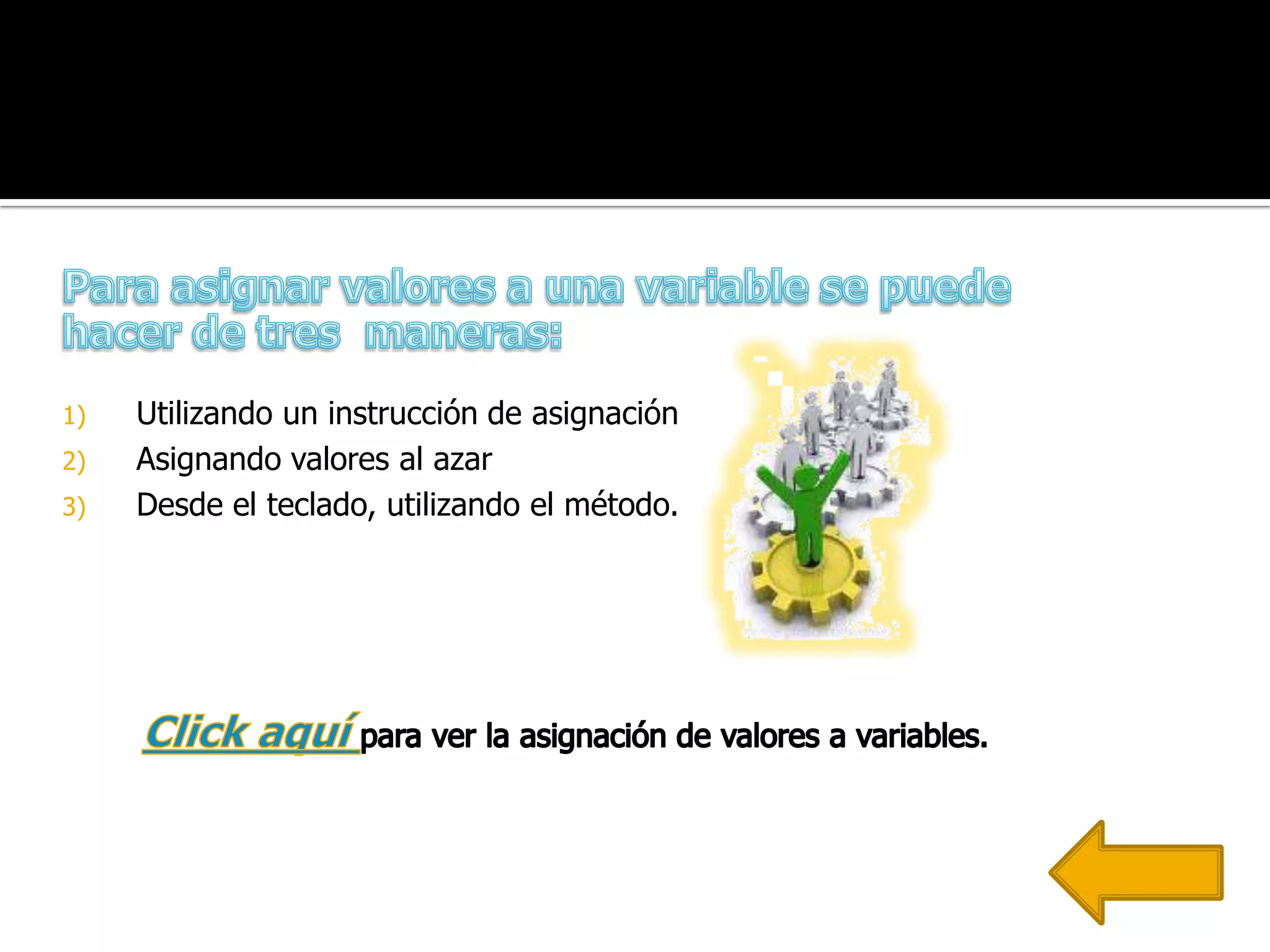 1)   Utilizando un instrucción de asignación
2)   Asignando valores al azar
3)   Desde el teclado, utilizando el método.
 