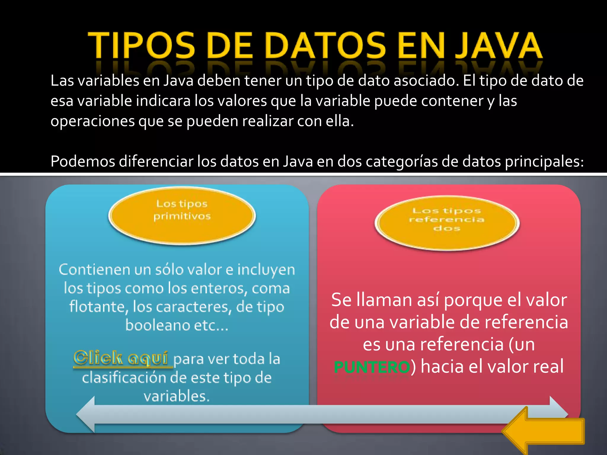 Las variables en Java deben tener un tipo de dato asociado. El tipo de dato de
esa variable indicara los valores que la variable puede contener y las
operaciones que se pueden realizar con ella.

Podemos diferenciar los datos en Java en dos categorías de datos principales:




                                        Se llaman así porque el valor
                                        de una variable de referencia
                                            es una referencia (un
                                                 ) hacia el valor real
 