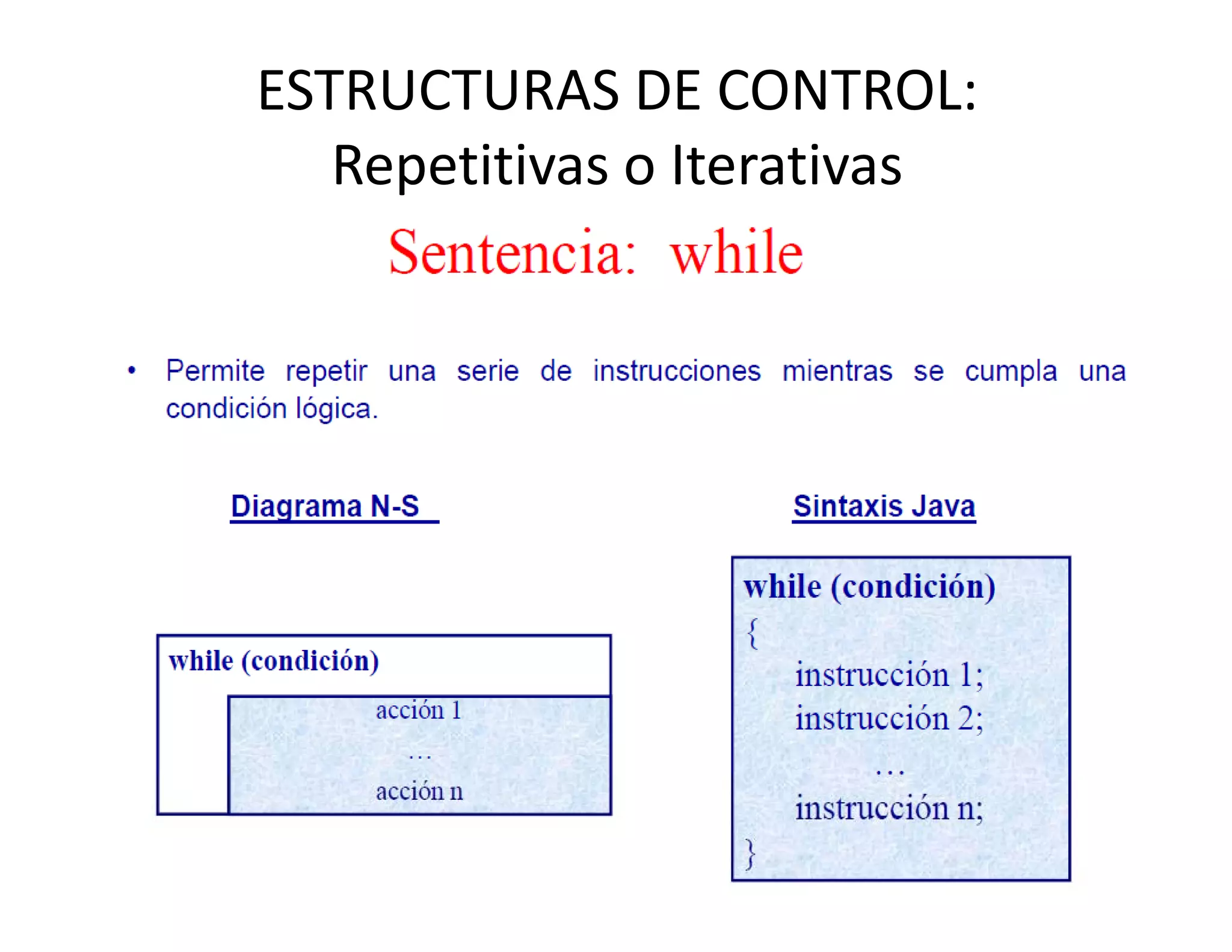 ESTRUCTURAS DE CONTROL: 
   Repetitivas o Iterativas
   Repetitivas o Iterativas
 