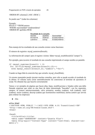 Programación en PHP a través de ejemplos 25
ORDER BY columna2 [ ASC | DESC ]
Se puede usar * (todas las columnas)
Ejemplo:
SELECT * FROM autores
WHERE nacionalidad='estadounidense'
ORDER BY apellidos DESC
Para manejo de los resultados de una consulta existen varias funciones:
El número de registros: mysql_numrows($result);
La información del campo1 para el registro i-ésimo: $dato=mysql_result($result,$i,"campo1");
Por ejemplo, para recorrer el resultado de una consulta imprimiendo el campo nombre en pantalla:
if (mysql_numrows($result) > 0)
for ($i=0;$i<mysql_numrows($result);$i++)
echo mysql_result($result,$i,"nombre").“<br>”;
Cuando no haga falta la conexión hay que cerrarla: mysql_close($link);
Un mismo manejador puede ejecutar muchas consultas, pero sólo se puede acceder al resultado de
la última. El sistema suele cerrar automáticamente las conexiones al terminar de ejecutarse el
script. No obstante hay que hacerlo correctamente
Vamos a ver ejemplos de páginas que hacen altas, bajas, modificaciones y listados sobre una tabla
llamada empresas que están en una base de datos denominada “buscador”, con los siguientes
campos: id (entero autoincrementado, calve primaria), nombre (cadena), web (cadena), telef
(cadena), sector (cadena), descrip (cadena que mostraremos multilínea), karma (entero que servirá
para ordenar las empresas)
● Alta
alta.html
<!DOCTYPE HTML PUBLIC "-//W3C//DTD HTML 4.01 Transitional//EN"
"http://www.w3.org/TR/html4/loose.dtd">
<html>
<head>
<title>Alta1</title>
<meta name="GENERATOR" content="Quanta Plus">
<meta http-equiv="Content-Type" content="text/html; charset=iso-
8859-1">
Resultado de la consulta
Nombre Apellidos Nacionalidad
Richard M. Stallman Estadounidense
Lawrence Lessig Estadounidense
 
