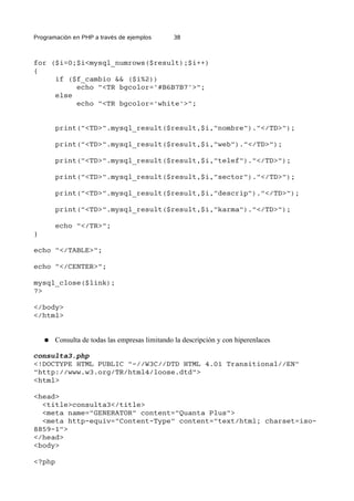 Programación en PHP a través de ejemplos 38
for ($i=0;$i<mysql_numrows($result);$i++)
{
if ($f_cambio && ($i%2))
echo "<TR bgcolor='#B6B7B7'>";
else
echo "<TR bgcolor='white'>";
print("<TD>".mysql_result($result,$i,"nombre")."</TD>");
print("<TD>".mysql_result($result,$i,"web")."</TD>");
print("<TD>".mysql_result($result,$i,"telef")."</TD>");
print("<TD>".mysql_result($result,$i,"sector")."</TD>");
print("<TD>".mysql_result($result,$i,"descrip")."</TD>");
print("<TD>".mysql_result($result,$i,"karma")."</TD>");
echo "</TR>";
}
echo "</TABLE>";
echo "</CENTER>";
mysql_close($link);
?>
</body>
</html>
● Consulta de todas las empresas limitando la descripción y con hiperenlaces
consulta3.php
<!DOCTYPE HTML PUBLIC "-//W3C//DTD HTML 4.01 Transitional//EN"
"http://www.w3.org/TR/html4/loose.dtd">
<html>
<head>
<title>consulta3</title>
<meta name="GENERATOR" content="Quanta Plus">
<meta http-equiv="Content-Type" content="text/html; charset=iso-
8859-1">
</head>
<body>
<?php
 