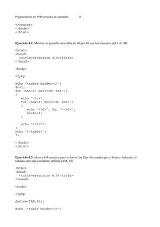 Programación en PHP a través de ejemplos 8
</center>
</body>
</html>
Ejercicio 4.4: Mostrar en pantalla una tabla de 10 por 10 con los números del 1 al 100
<html>
<head>
<title>ejercicio 4.4</title>
</head>
<body>
<?php
echo "<table border=1>";
$n=1;
for ($n1=1; $n1<=10; $n1++)
{
echo "<tr>";
for ($n2=1; $n2<=10; $n2++)
{
echo "<td>", $n, "</td>";
$n=$n+1;
}
echo "</tr>";
}
echo "</table>";
?>
</body>
</html>
Ejercicio 4.5: ídem a 4.4 anterior, pero colorear las filas alternando gris y blanco. Además, el
tamaño será una constante: define(TAM, 10)
<html>
<head>
<title>ejercicio 4.5</title>
</head>
<body>
<?php
define(TAM,10);
echo "<table border=1>";
 