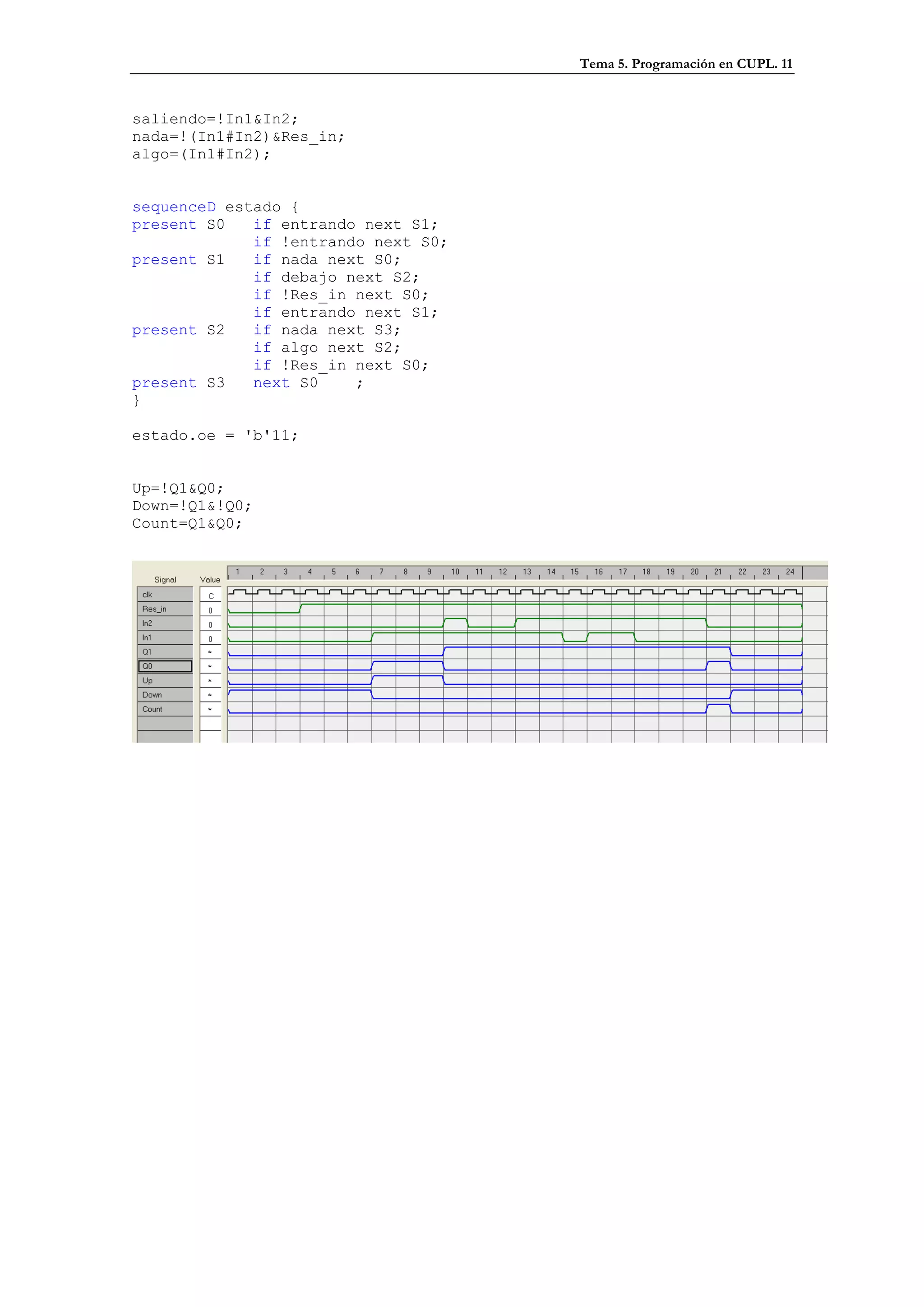 Tema 5. Programación en CUPL. 11


saliendo=!In1&In2;
nada=!(In1#In2)&Res_in;
algo=(In1#In2);


sequenceD estado {
present S0   if entrando next S1;
             if !entrando next S0;
present S1   if nada next S0;
             if debajo next S2;
             if !Res_in next S0;
             if entrando next S1;
present S2   if nada next S3;
             if algo next S2;
             if !Res_in next S0;
present S3   next S0    ;
}

estado.oe = 'b'11;


Up=!Q1&Q0;
Down=!Q1&!Q0;
Count=Q1&Q0;
 
