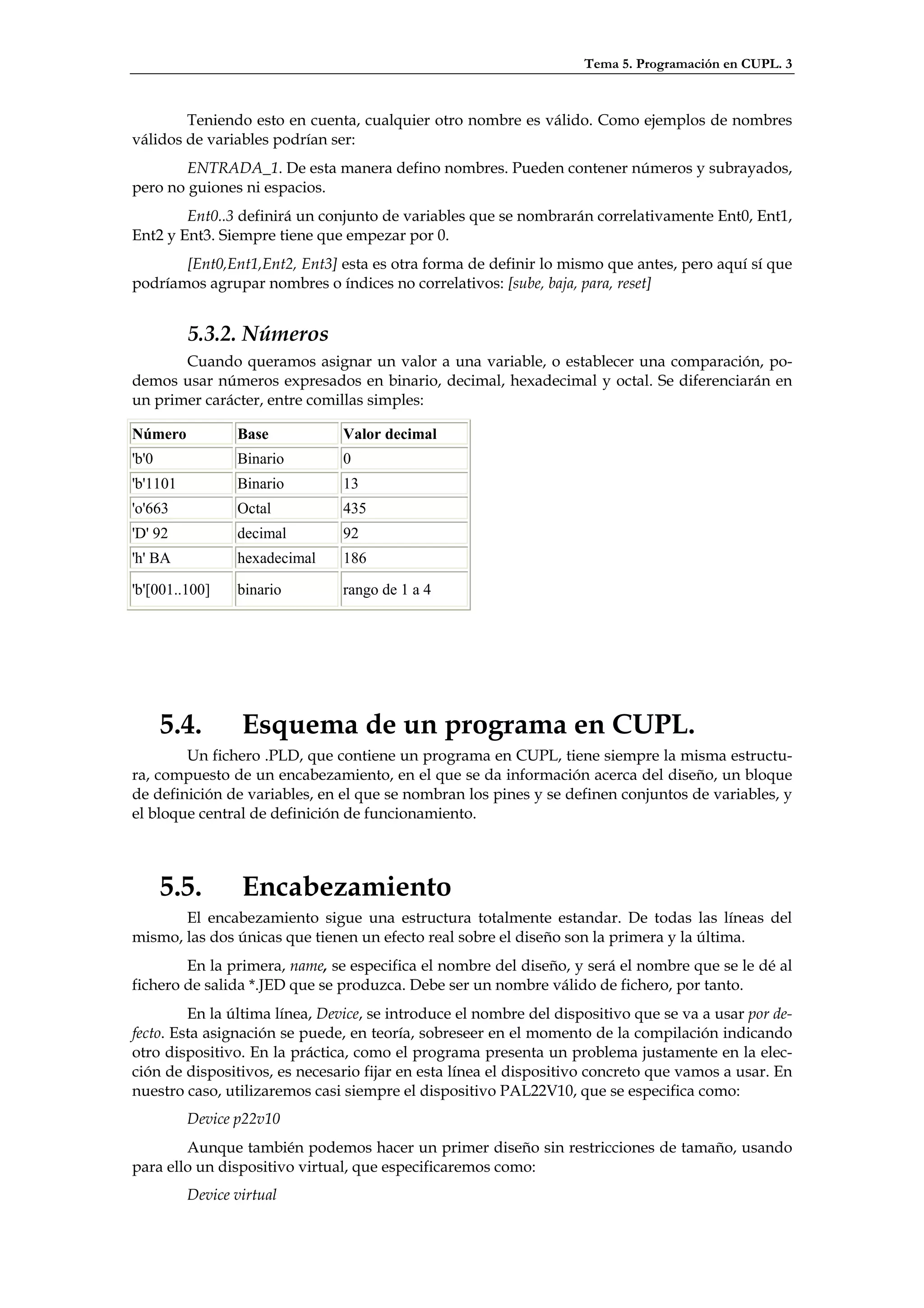 Tema 5. Programación en CUPL. 3



        Teniendo esto en cuenta, cualquier otro nombre es válido. Como ejemplos de nombres
válidos de variables podrían ser:
        ENTRADA_1. De esta manera defino nombres. Pueden contener números y subrayados,
pero no guiones ni espacios.
        Ent0..3 definirá un conjunto de variables que se nombrarán correlativamente Ent0, Ent1,
Ent2 y Ent3. Siempre tiene que empezar por 0.
       [Ent0,Ent1,Ent2, Ent3] esta es otra forma de definir lo mismo que antes, pero aquí sí que
podríamos agrupar nombres o índices no correlativos: [sube, baja, para, reset]


          5.3.2. Números
       Cuando queramos asignar un valor a una variable, o establecer una comparación, po-
demos usar números expresados en binario, decimal, hexadecimal y octal. Se diferenciarán en
un primer carácter, entre comillas simples:

Número           Base          Valor decimal
'b'0             Binario       0
'b'1101          Binario       13
'o'663           Octal         435
'D' 92           decimal       92
'h' BA           hexadecimal   186

'b'[001..100]    binario       rango de 1 a 4




       5.4.       Esquema de un programa en CUPL.
        Un fichero .PLD, que contiene un programa en CUPL, tiene siempre la misma estructu-
ra, compuesto de un encabezamiento, en el que se da información acerca del diseño, un bloque
de definición de variables, en el que se nombran los pines y se definen conjuntos de variables, y
el bloque central de definición de funcionamiento.



       5.5.       Encabezamiento
       El encabezamiento sigue una estructura totalmente estandar. De todas las líneas del
mismo, las dos únicas que tienen un efecto real sobre el diseño son la primera y la última.
        En la primera, name, se especifica el nombre del diseño, y será el nombre que se le dé al
fichero de salida *.JED que se produzca. Debe ser un nombre válido de fichero, por tanto.
         En la última línea, Device, se introduce el nombre del dispositivo que se va a usar por de-
fecto. Esta asignación se puede, en teoría, sobreseer en el momento de la compilación indicando
otro dispositivo. En la práctica, como el programa presenta un problema justamente en la elec-
ción de dispositivos, es necesario fijar en esta línea el dispositivo concreto que vamos a usar. En
nuestro caso, utilizaremos casi siempre el dispositivo PAL22V10, que se especifica como:
          Device p22v10
        Aunque también podemos hacer un primer diseño sin restricciones de tamaño, usando
para ello un dispositivo virtual, que especificaremos como:
          Device virtual
 