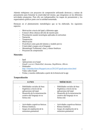 4
Además trabajamos con proyectos de comprensión utilizando destrezas y rutinas de
pensamiento para fomentar la creatividad del mismo, que integramos en las diferentes
actividades propuestas. Para ello son indispensables los mapas de pensamiento y los
organizadores gráficos junto con la realidad aumentada.
Destacan en el planteamiento metodológico que se ha elaborado, los siguientes
aspectos:
- Motivación a través del ipad y diferentes apps
- Conocer obras clásicas del arte de nuestro país
- Presentación usando tecnologías aplicadas al currículum
- Narración
- Trasposición
- Observación
- El profesor como guía del alumno y modelo previo
- Creatividad y juegos con el lenguaje
- Metodología Verbotonal: clase y ritmos fonéticos
- Proyectos de comprensión
Materiales
- Ipad
- Aplicaciones en el ipad:
Gaudi´s secret, ChatterKid, Aurasma, StopMotion, iMovie.
- Ordenador
http://rimasdecolores.blogspot.com.es/2012/07/gaudi-para-ninos.html
Video sobre Gaudí
- Fichas y murales elaborados a partir de la historia de la app
Temporalización
LUNES MIÉRCOLES
- Habilidades sociales de base
lingüística a través de las
aplicaciones del ipad.
- Desarrollo de la estructuración
creativa del lenguaje en su
forma oral.
- Habilidades sociales de base
lingüística a través de las
aplicaciones del ipad.
- Desarrollo de la estructuración
creativa del lenguaje en su
forma oral.
- Actividades cognitivas básicas.
- Ritmos fonéticos.
- Juegos de ampliación de la
estructura gramatical.
- Actividades cognitivas básicas.
- Ritmos fonéticos.
- Juegos de ampliación de la
estructura gramatical.
 