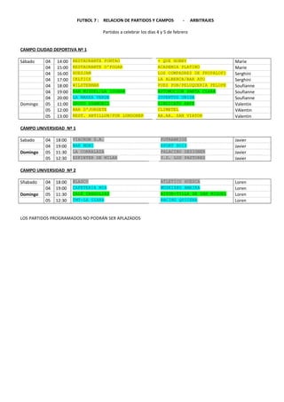 FUTBOL 7 : RELACION DE PARTIDOS Y CAMPOS - ARBITRAJES
Partidos a celebrar los días 4 y 5 de febrero
CAMPO CIUDAD DEPORTIVA Nº 1
Sábado 04 14:00 RESTAURANTE FONTAO + QUE HOBBY Marie
04 15:00 RESTAURANTE O'FOGAR ACADEMIA PLATINO Marie
04 16:00 HUESJAM LOS COMPADRES DE FRUPALOFI Serghini
04 17:00 CELTICS LA ALBERCA/BAR ATO Serghini
04 18:00 WILSTERMAN PUES PON/PELUQUERIA PELOPE Soufianne
04 19:00 SAN MIGUEL/LA IGUANA AUTOMOCION SANTA CLARA Soufianne
04 20:00 LA MAREA VERDE JUVENTUD UNIDA Soufianne
Domingo 05 11:00 GRUPO USAMOBIL SINDICATO ANPE Valentin
05 12:00 BAR D'JORGETE CLIMETEL VAlentin
05 13:00 REST. ANTILLON/PUB LONDONER AA.AA. SAN VIATOR Valentin
CAMPO UNIVERSIDAD Nº 1
Sabado 04 18:00 VIACRON S.A. POTRANKIOS Javier
04 19:00 BAR MONI SPORT BOIS Javier
Domingo 05 11:30 LA CORRALAZA PALACINO DESIGNER Javier
05 12:30 ESFINTER DE MILAN U.D. LOS PASTORES Javier
CAMPO UNIVERSIDAD Nº 2
Sñabado 04 18:00 BLASCO ATLETICO HUESCA Loren
04 19:00 CAFETERIA MIA MUSKIZKO AMAIKA Loren
Domingo 05 11:30 CALÉ CANDOLIAS AITOR-TILLA DE SAN MIGUEL Loren
05 12:30 TMT-LA GIARA RACING QUICENA Loren
LOS PARTIDOS PROGRAMADOS NO PODRÁN SER APLAZADOS
 