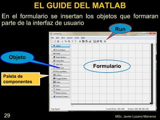 29
EL GUIDE DEL MATLAB
En el formulario se insertan los objetos que formaran
parte de la interfaz de usuario
Formulario
Objeto
MSc. Javier Lozano Marreros
Paleta de
componentes
Run
 