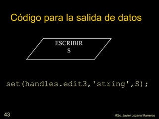 43
Código para la salida de datos
set(handles.edit3,'string',S);
ESCRIBIR
S
MSc. Javier Lozano Marreros
 