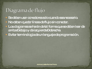 Se deben usar conectores solo cuando sea necesario. No deben quedar líneas de flujo sin conectar. Los diagramas se harán de tal forma que se deben leer de arriba – abajo y de izquierda – derecha. Evitar terminología de un lenguaje de programación. Adriana Lizette Ramírez Franco 