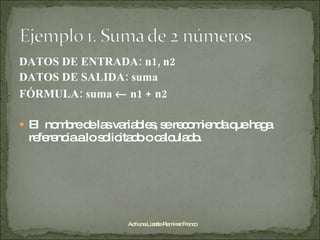 DATOS DE ENTRADA: n1, n2 DATOS DE SALIDA: suma FÓRMULA: suma    n1 + n2 El  nombre de las variables, se recomienda que haga referencia a lo solicitado o calculado. Adriana Lizette Ramírez Franco 
