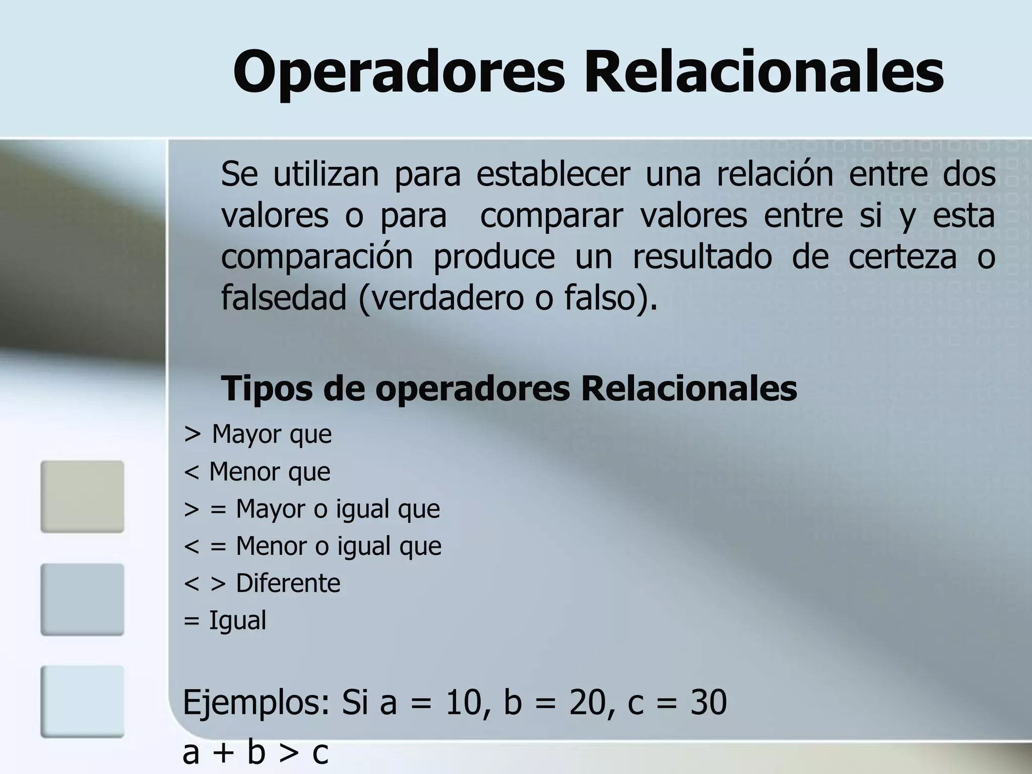 Operadores Relacionales
    Se utilizan para establecer una relación entre dos
    valores o para comparar valores entre si y esta
    comparación produce un resultado de certeza o
    falsedad (verdadero o falso).

    Tipos de operadores Relacionales
> Mayor que
<   Menor que
>   = Mayor o igual que
<   = Menor o igual que
<   > Diferente
=   Igual


Ejemplos: Si a = 10, b = 20, c = 30
a+b>c
 